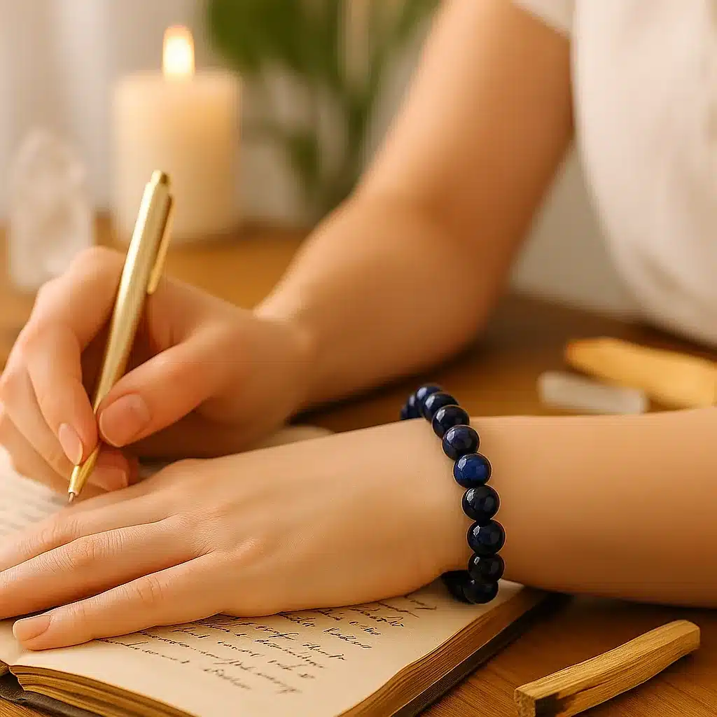 Bracelet œil de tigre bleu 8mm au poignet d'une femme écrivant dans un carnet spirituel