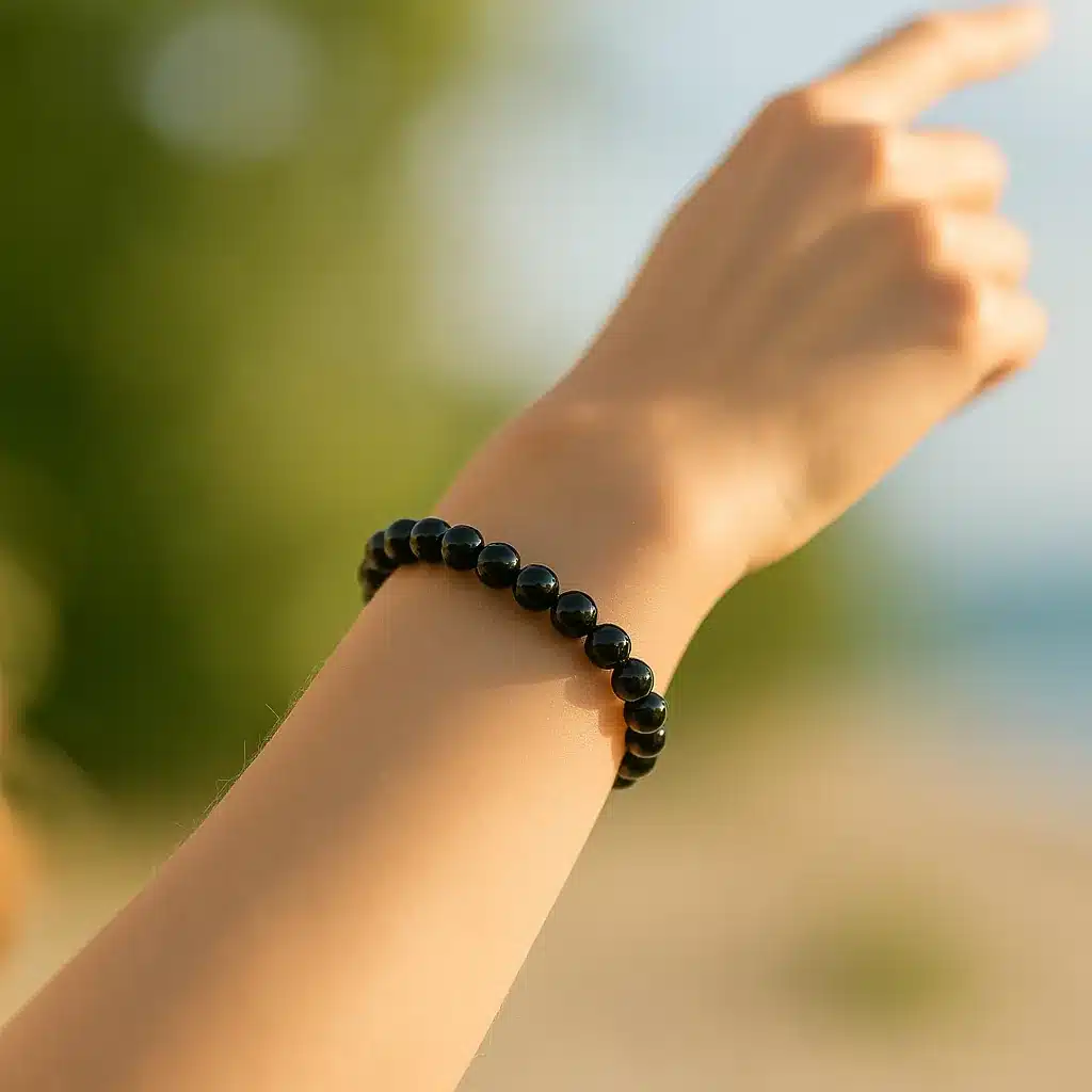 Bracelet fin en obsidienne noire 8 mm au poignet d’une femme sous le soleil, fond flouté naturel.