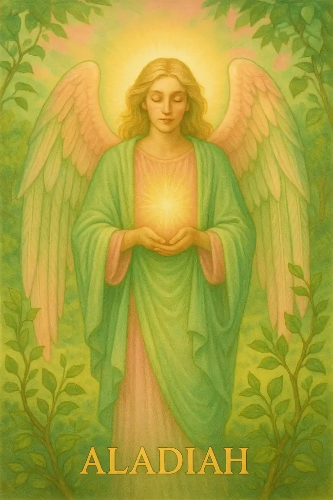 Illustration spirituelle de l’ange Aladiah, symbole de guérison, de régénération et d’équilibre. Figure angélique aux ailes vertes et roses dans un écrin de verdure.