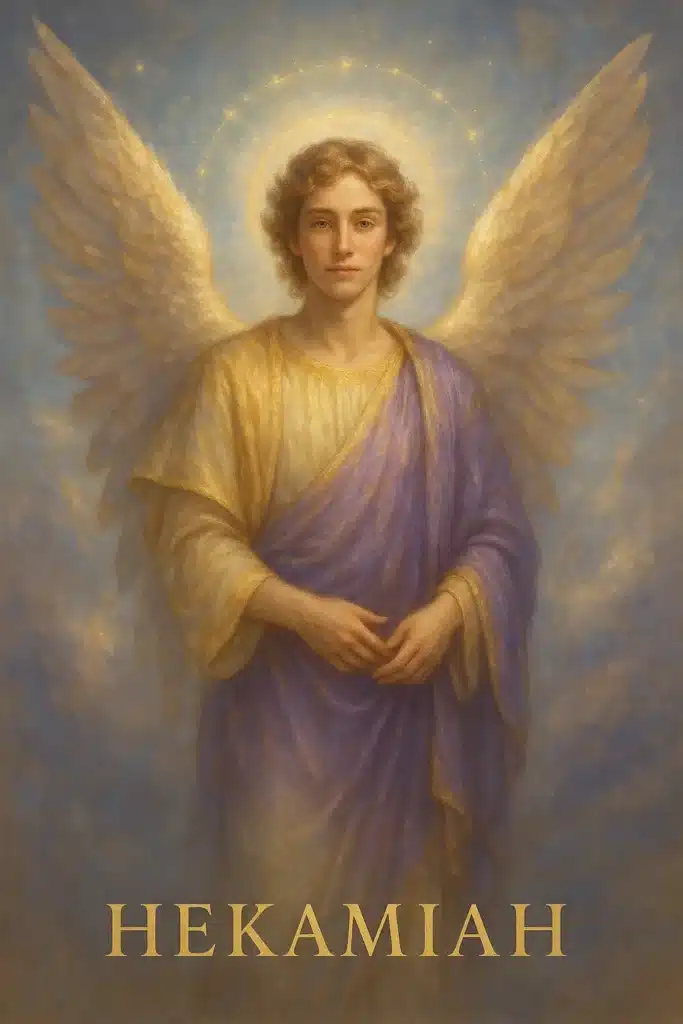 Illustration spirituelle de l’ange Hekamiah, symbole d’intuition, de loyauté et de noblesse intérieure. Figure céleste entourée d’ailes dorées et d’un halo lumineux.