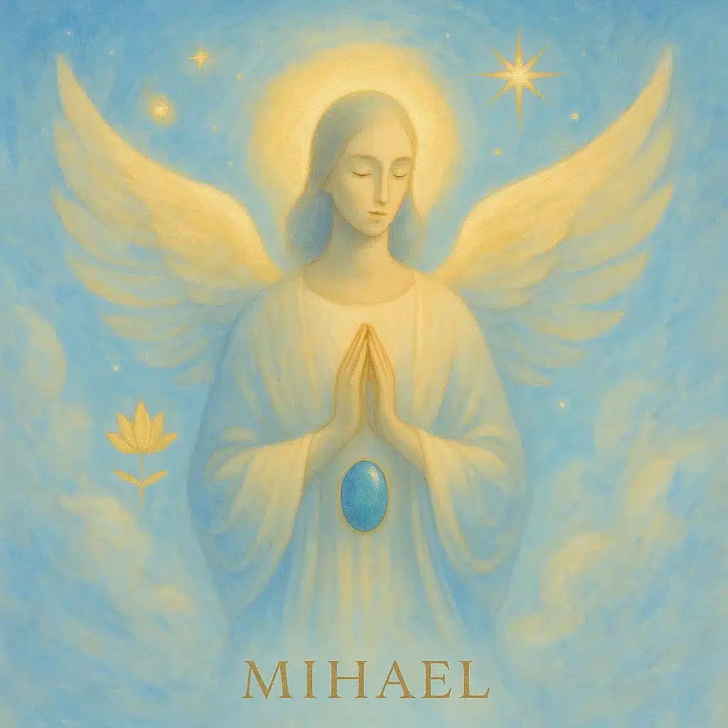Illustration spirituelle de l’ange Mihael, symbole d’amour, d’union et d’harmonie. Représentation céleste aux teintes roses, dorées et nacrées.