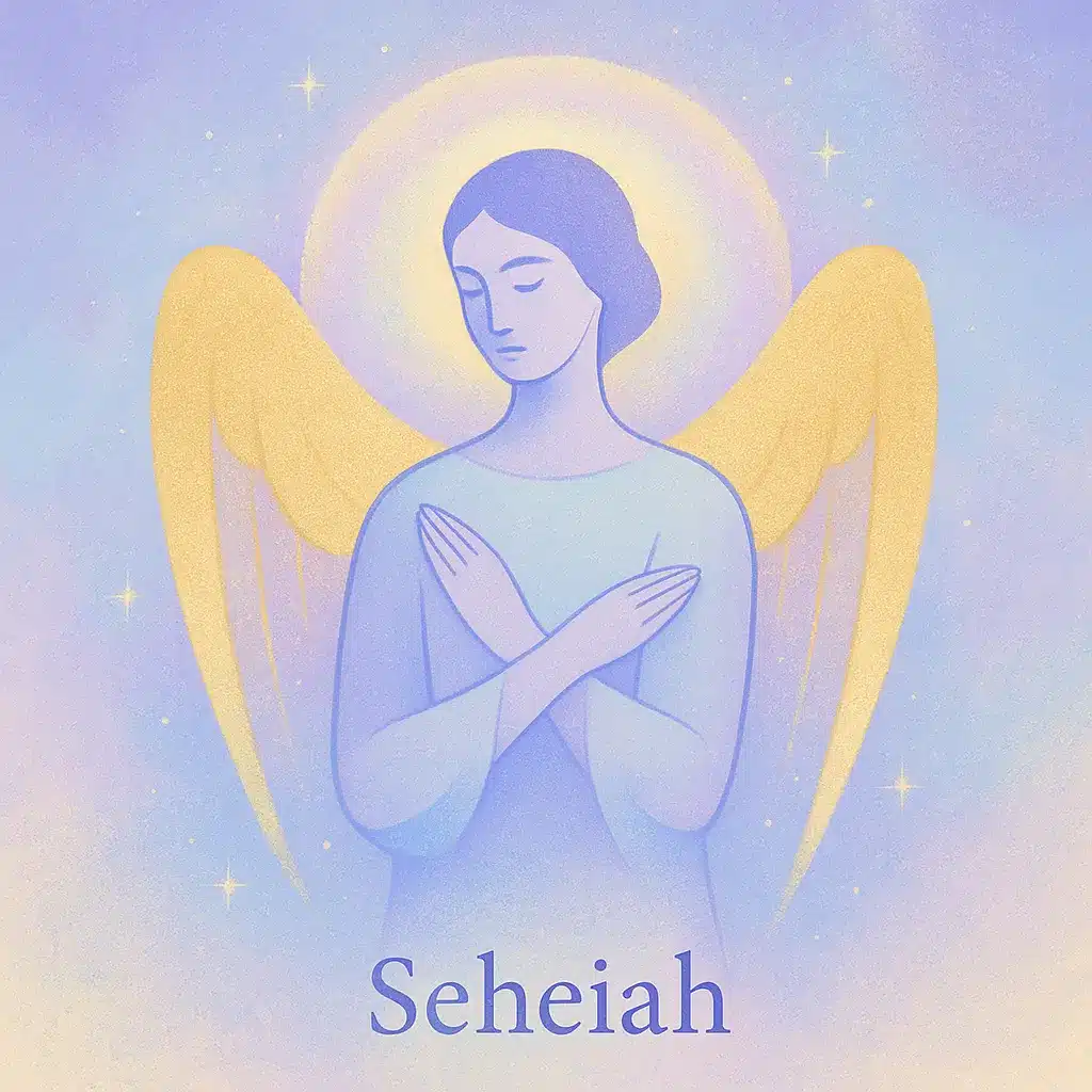 Illustration spirituelle de l’ange Seheiah, protecteur de la paix intérieure et de la sérénité. Représentation lumineuse avec ailes dorées et aura céleste.