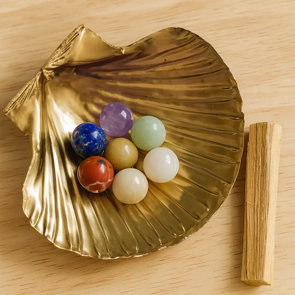 trinité sacrée féminine – coquille dorée, 7 pierres chakras et palo santo