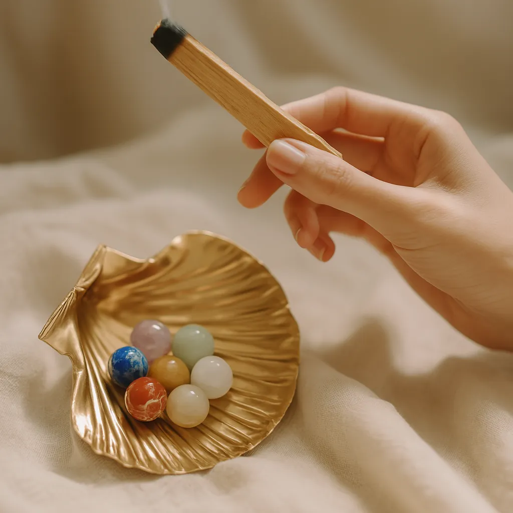 trinité sacrée féminine – coquille dorée, 7 pierres chakras et palo santo