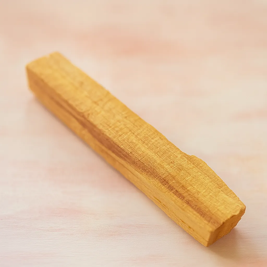 Bâton de palo santo pour rituel de purification et de protection, posé sur un fond spirituel doux et lumineux.