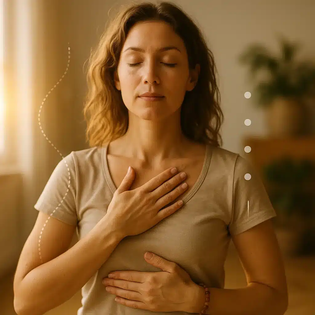 Femme en respiration guidée, mains sur cœur et ventre — cohérence cardiaque 6 respirations/minute pour réduire le stress