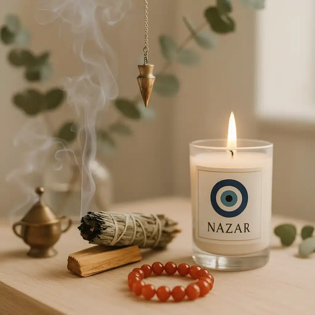 Bougie, sauge blanche fumante, bâton de palo santo, encensoir et pendule — rituel spirituel pour purifier son espace en intérieur