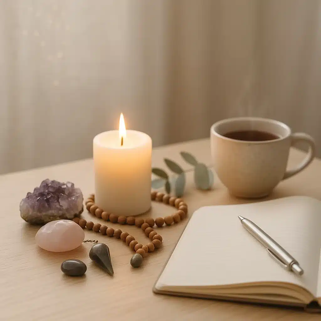 Rituel spirituel apaisant avec bougie, cristaux et carnet – sérénité et bien-être émotionnel