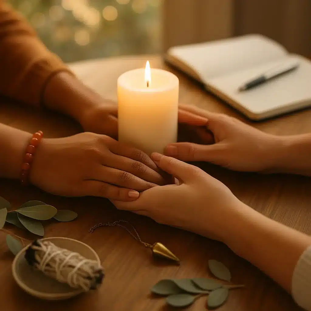 Mains unies autour d’une bougie avec bracelet cornaline, pendule et sauge — spiritualité et relations apaisées (amour, famille, travail)